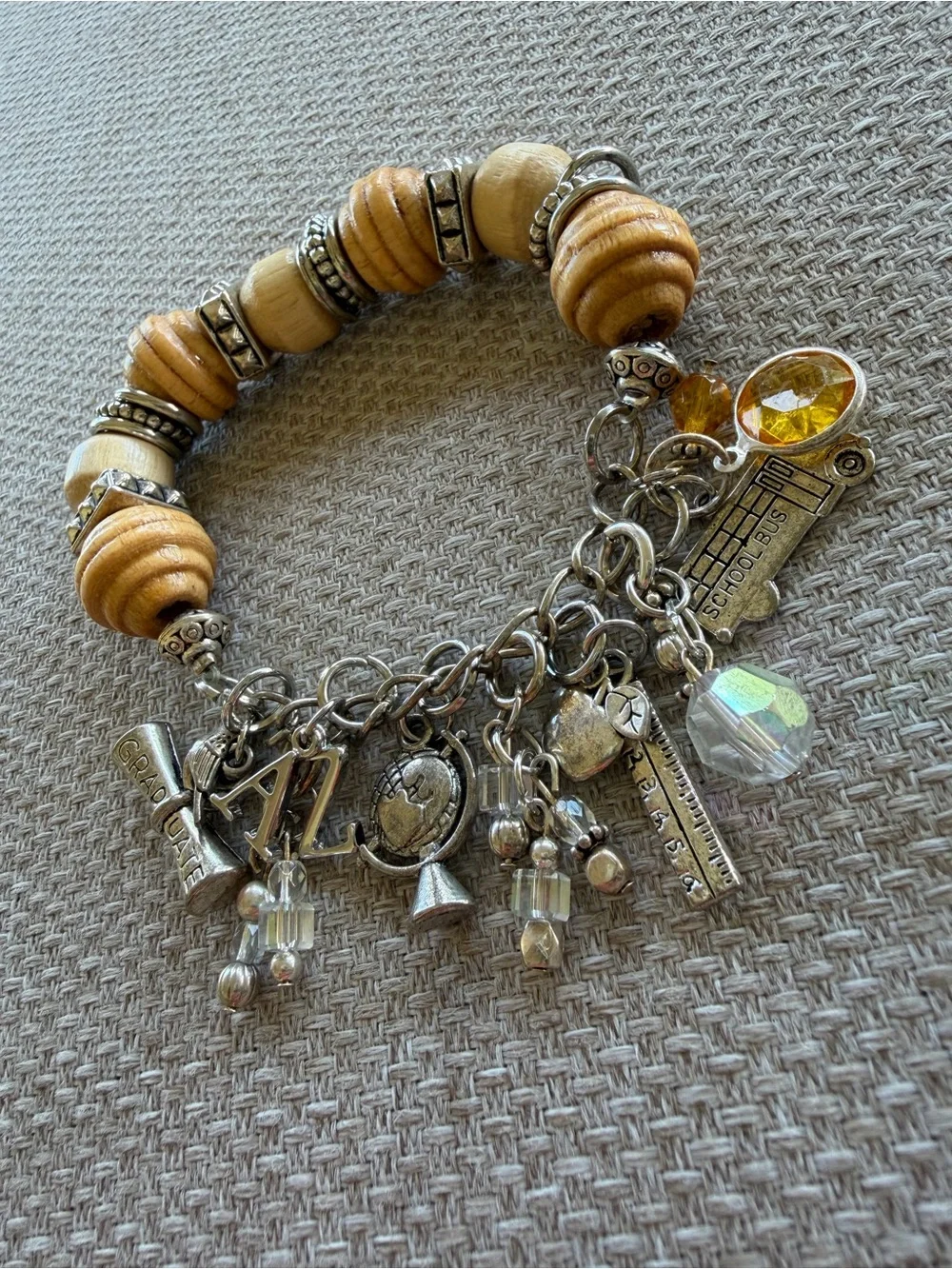 Multi Charm Wooden Beaded Bracelet  Silver Spacers Back To School Themed Charms